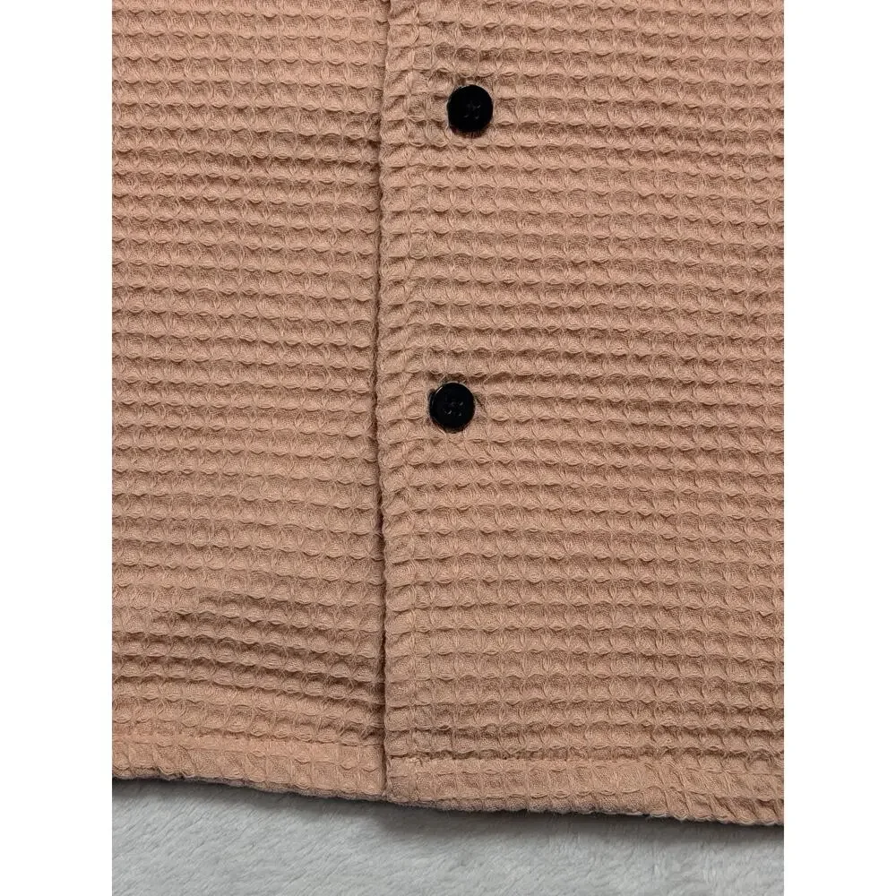 Negative Space Waffle Knit Button Down Camp Shirt Tan Peach Resort Men's Sz Sm